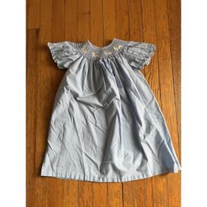 Anavini Dress Girls 24M Blue Gingham Smocked Carousel Embroidered Cotton Party